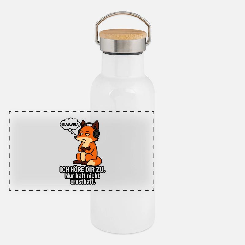 Fuchs mit Kopfhörer – Ich höre zu Panorama Thermosflasche mit Bambusdeckel