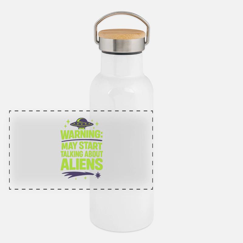 Warning: May Start Talking About Aliens - Panoramic Thermal Bottle with Bamboo Lid - white