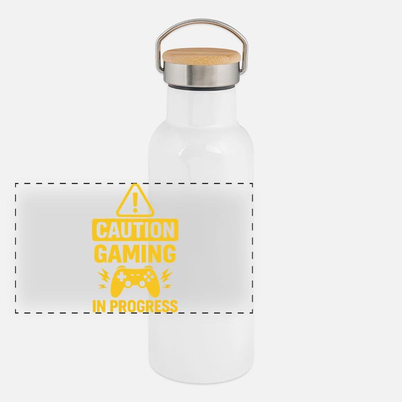Warnung Gaming in Progress Panorama Thermosflasche mit Bambusdeckel