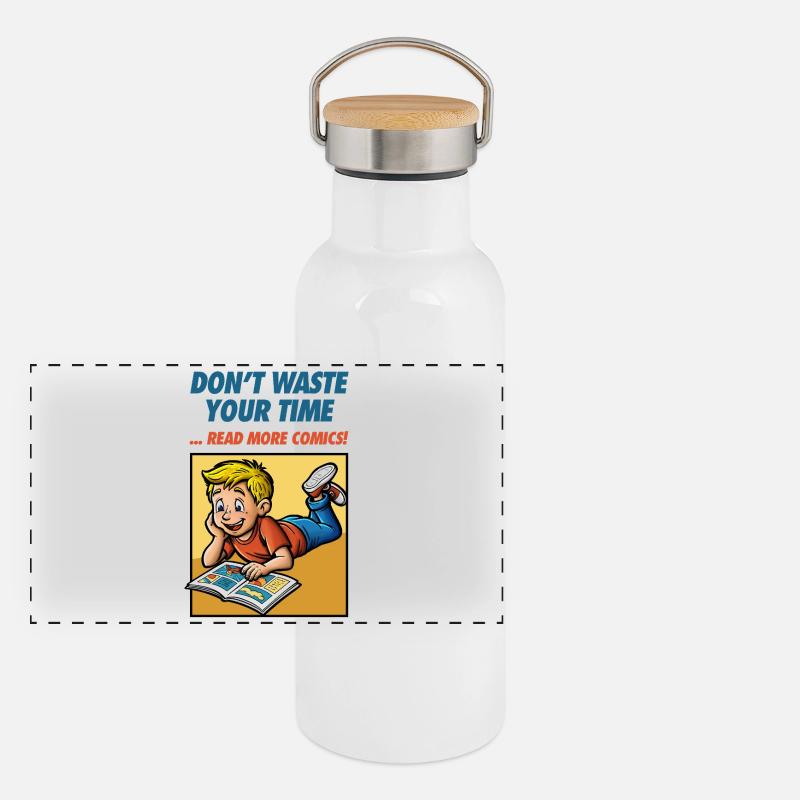 Don't Waste Your Time ... Read More Comics! - Panoramic Thermal Bottle with Bamboo Lid - white