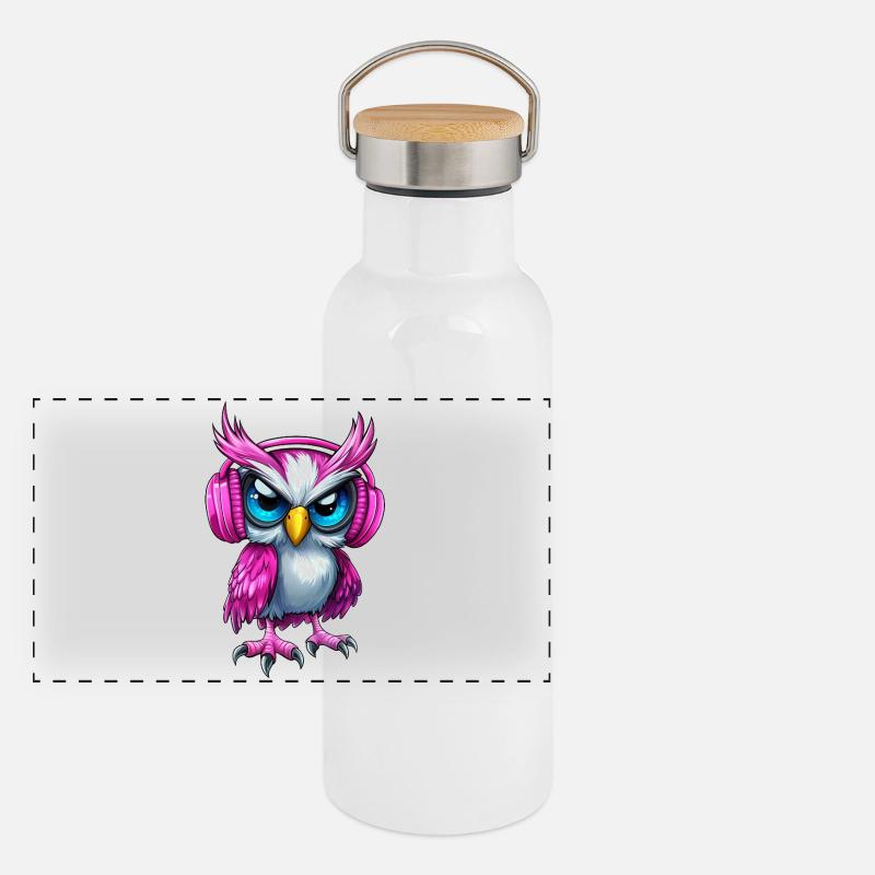 pink rosa lila Eule mit Kopfhörer :) - Panorama Thermosflasche mit Bambusdeckel - Weiß