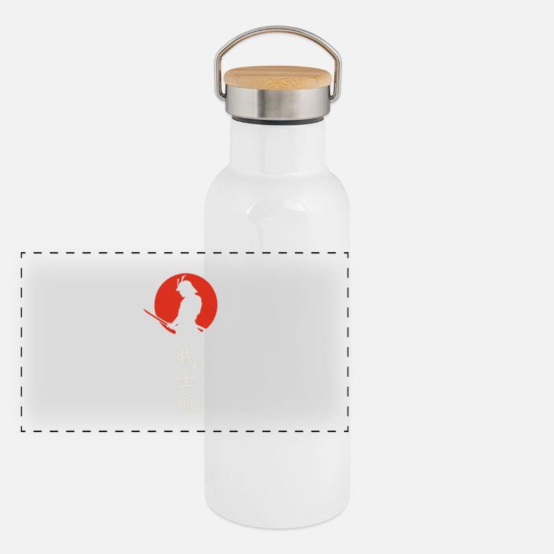 Silhouette de samouraï devant un soleil rouge – Bushidō - Gourde isotherme avec bouchon en bambou - blanc