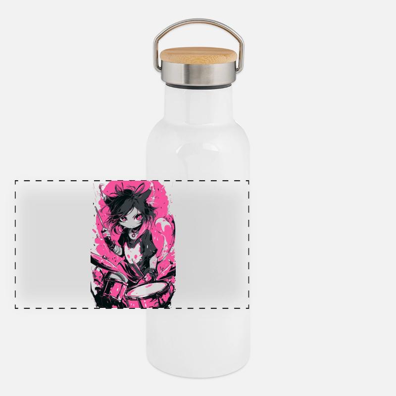 Cat Drummer Neon Pink Panoramic Thermal Bottle with Bamboo Lid