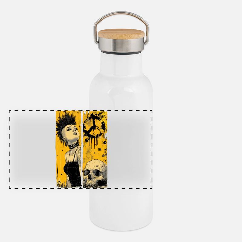 Grunge Punkfrau mit Schädel im Gelb Panorama Thermosflasche mit Bambusdeckel
