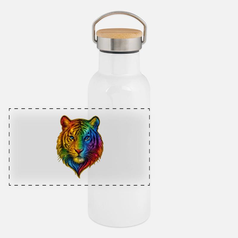 Regenbogen Tiger Kopf Panorama Thermosflasche mit Bambusdeckel