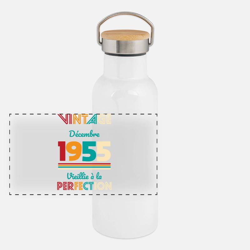 70 Years Anniversary - Vintage - December 1955 - Panoramic Thermal Bottle with Bamboo Lid - white