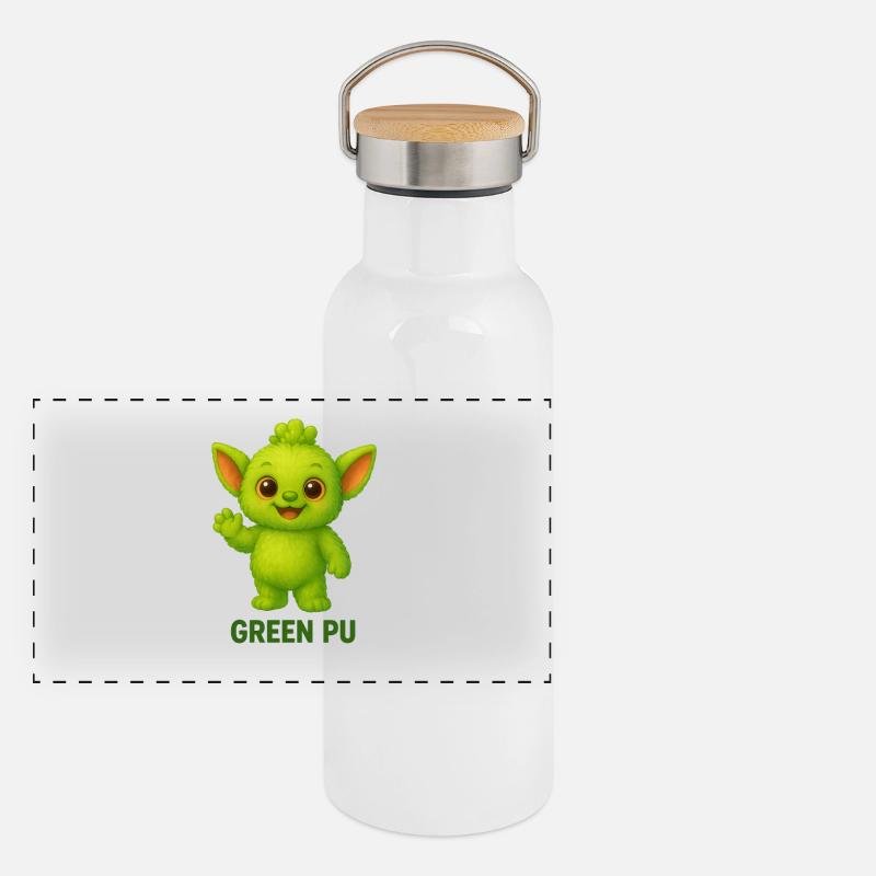 Green Pu Creature Mascot Panoramic Thermal Bottle with Bamboo Lid