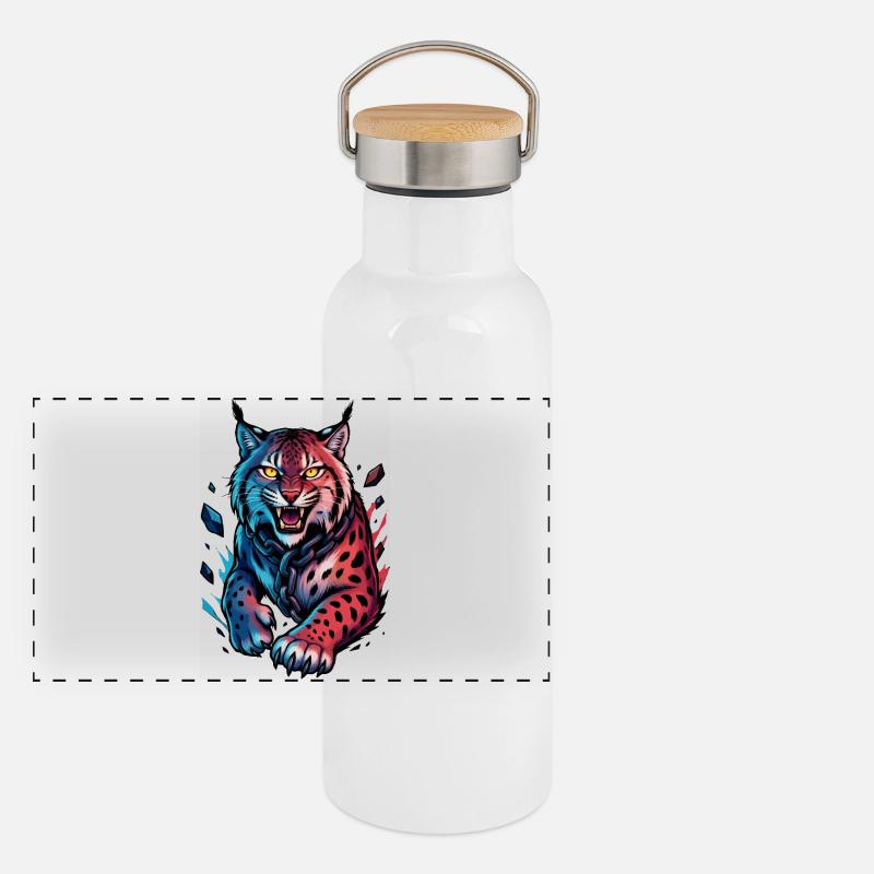 Luchs im Angriff Panorama Thermosflasche mit Bambusdeckel