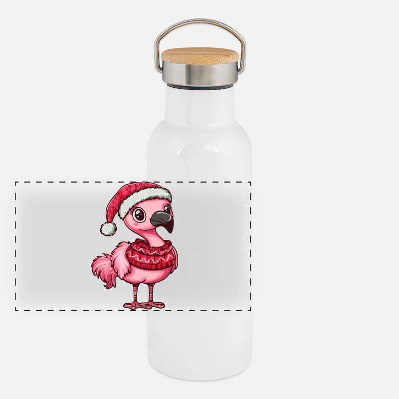 Flamingo Weihnachten Panorama Thermosflasche mit Bambusdeckel