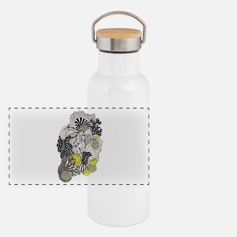 Organic Pattern Flower Yellow Black Panoramic Thermal Bottle with Bamboo Lid