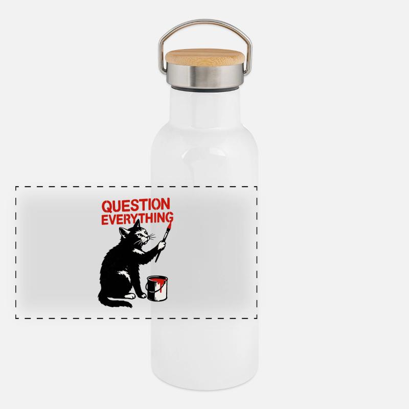 Questioning Everything: Cat Art Panoramic Thermal Bottle with Bamboo Lid