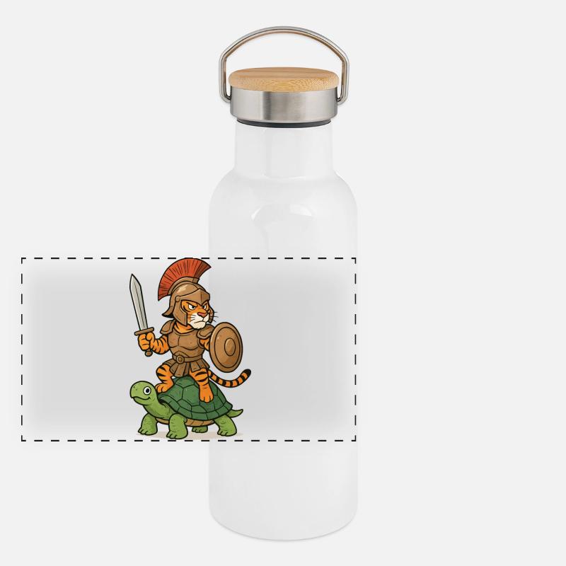 Gladiator Tiger auf Schildkröte Panorama Thermosflasche mit Bambusdeckel