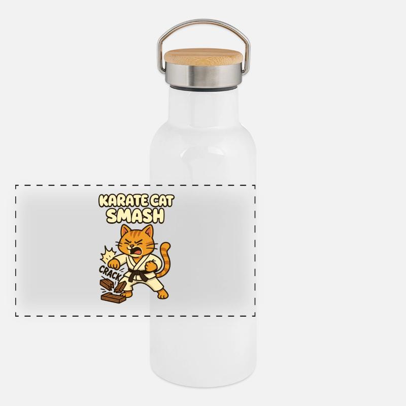 Karate Katze Smash Panorama Thermosflasche mit Bambusdeckel