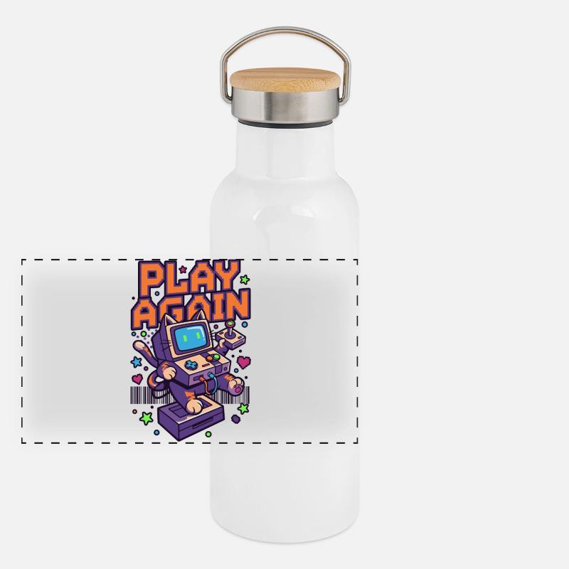 Play Again: Retro Cat Arcade Panoramic Thermal Bottle with Bamboo Lid