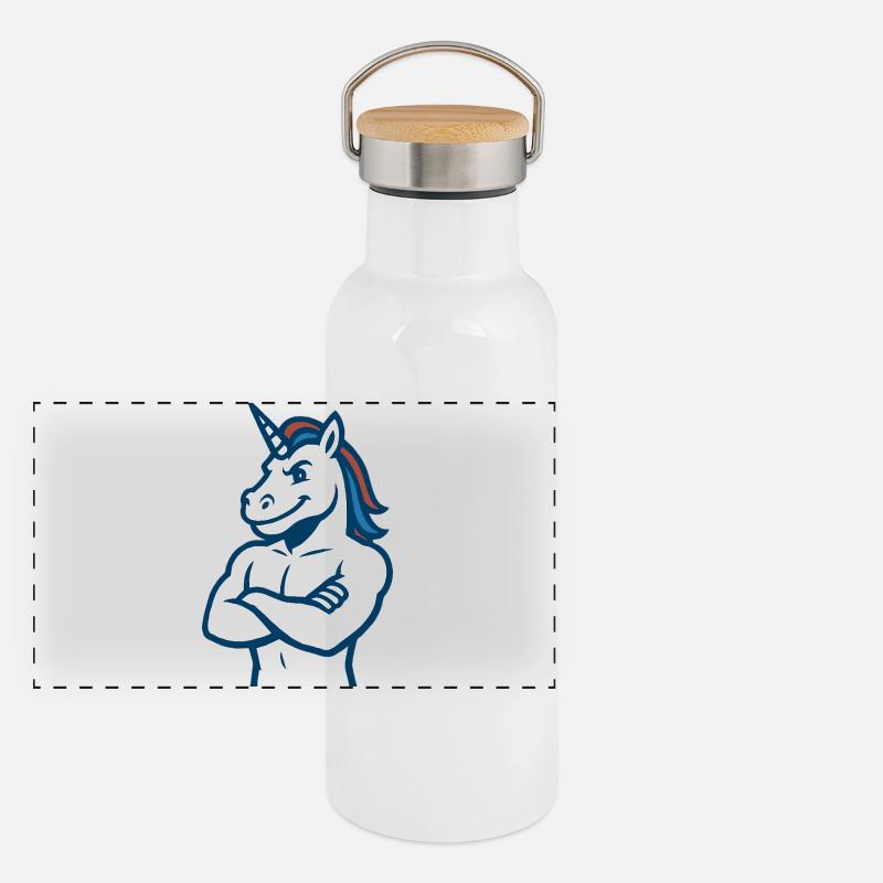 Selbstbewusstes Einhorn-Maskottchen Starkes Sportdesign Panorama Thermosflasche mit Bambusdeckel