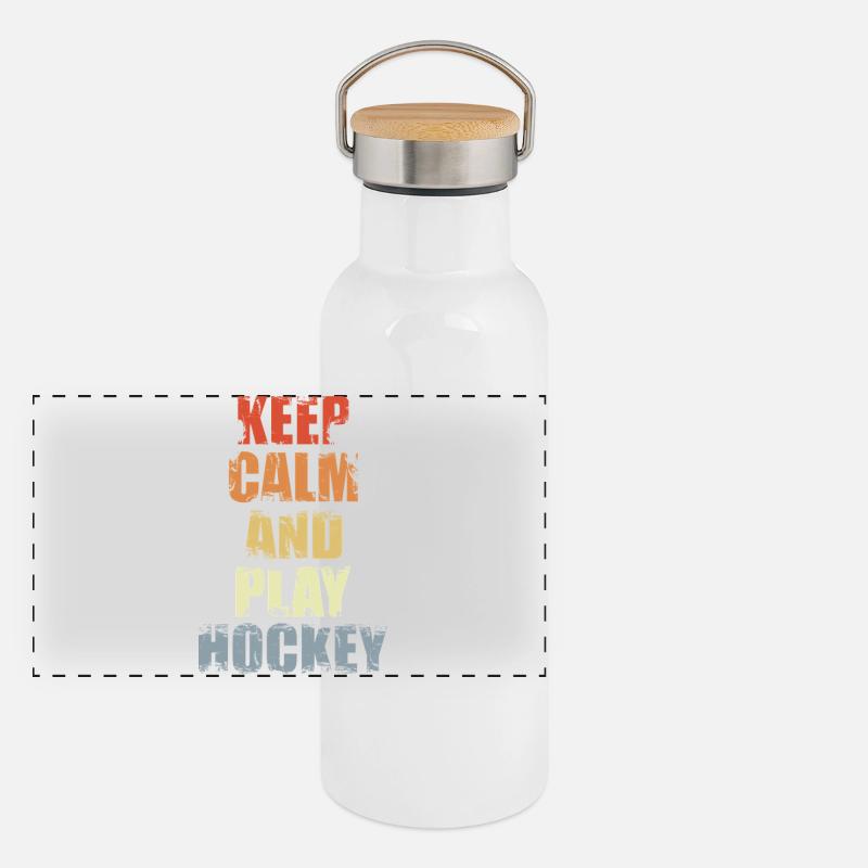Bleib ruhig und spiel Eishockey Panorama Thermosflasche mit Bambusdeckel