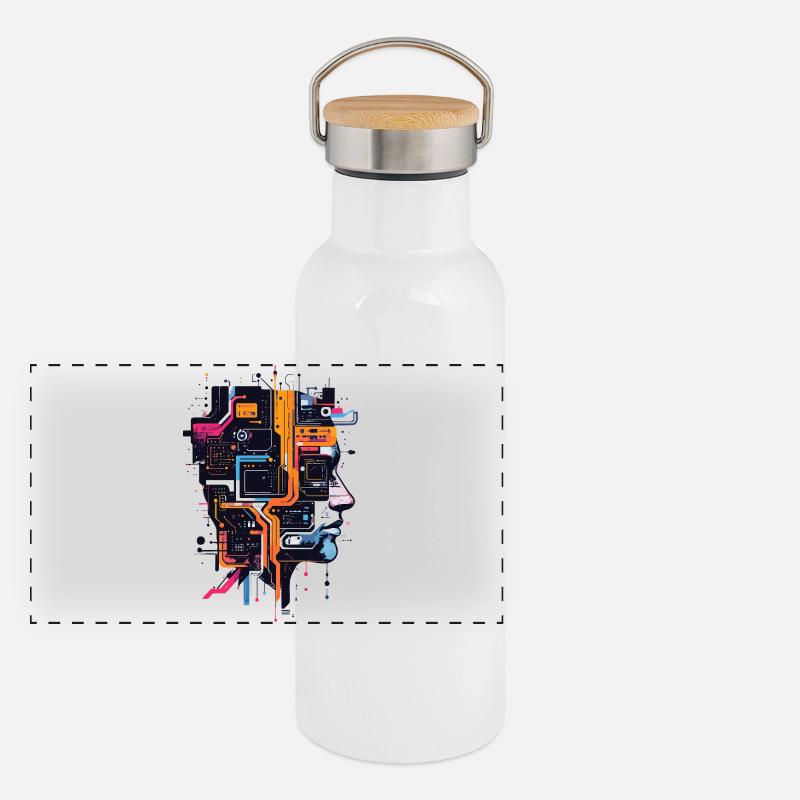 Head of Circuits Computer Board AI Head Panoramic Thermal Bottle with Bamboo Lid