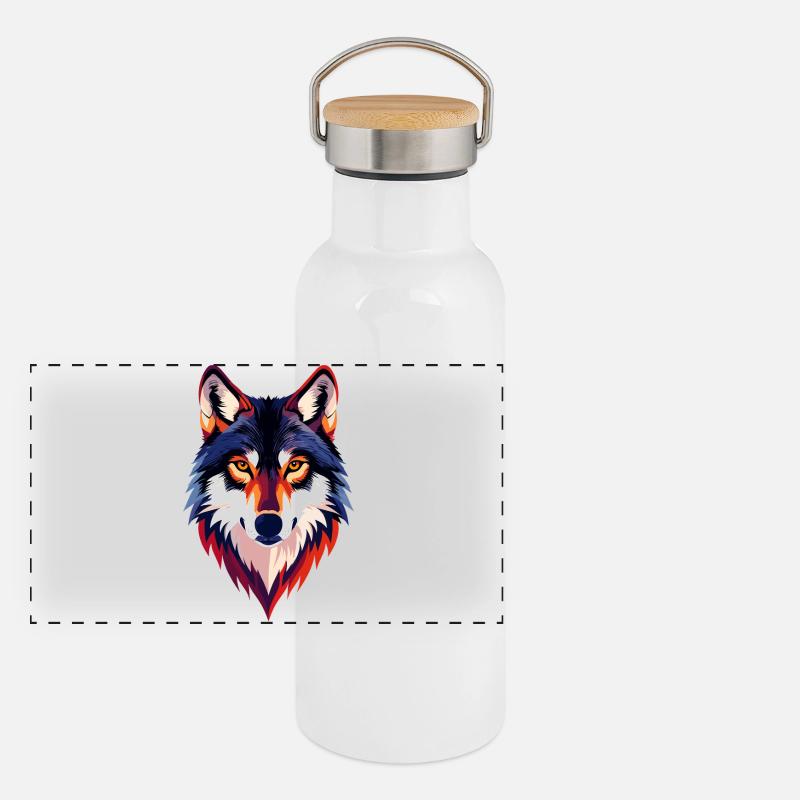 Farbiger Wolfkopf Wolfsblick Wolf Kopf Motiv Panorama Thermosflasche mit Bambusdeckel