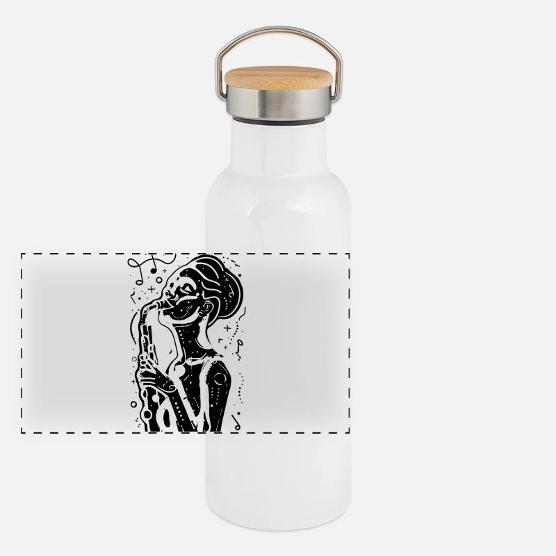 Femme saxophone dessinant Gourde isotherme avec bouchon en bambou