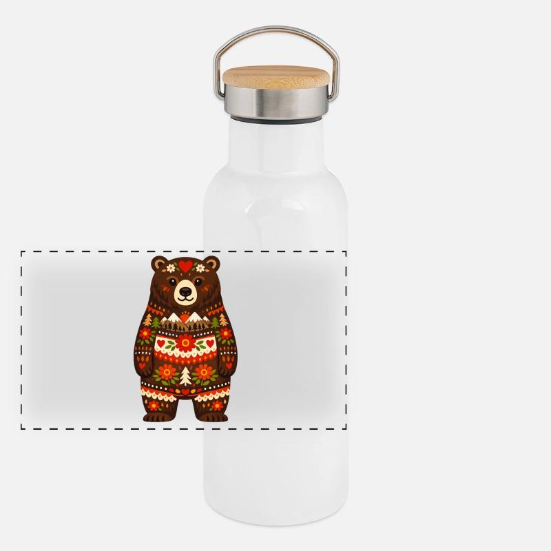 Bear in Folk Style Panoramic Thermal Bottle with Bamboo Lid