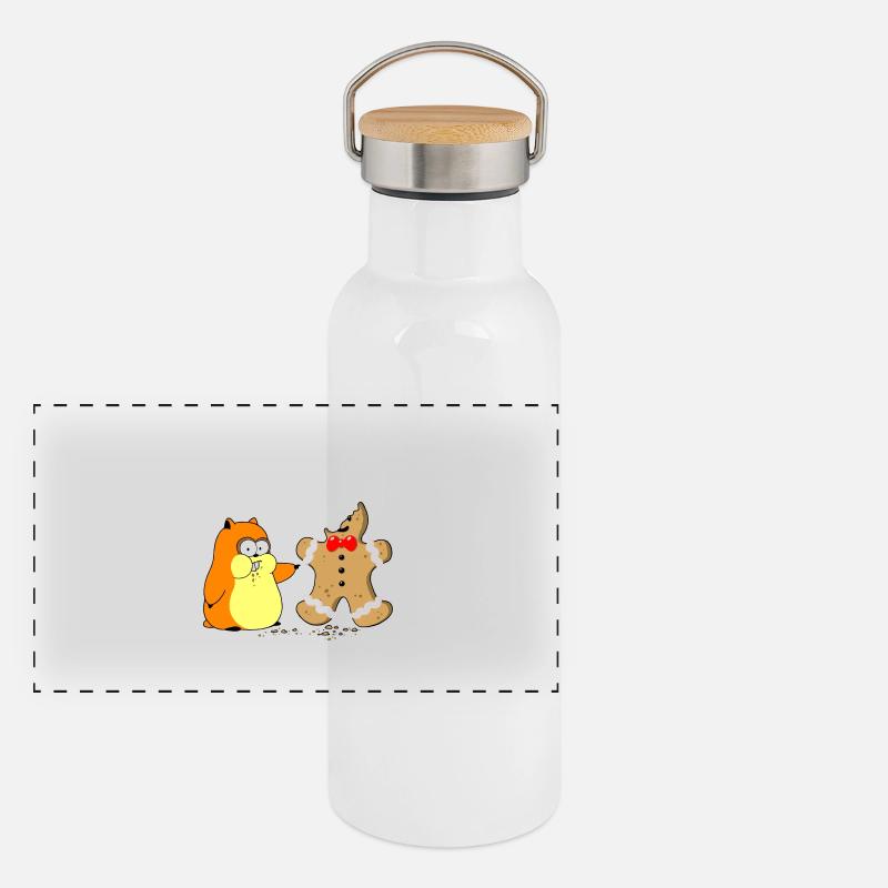 Hamster vs. Lebkuchenmann (whiteline) Panorama Thermosflasche mit Bambusdeckel