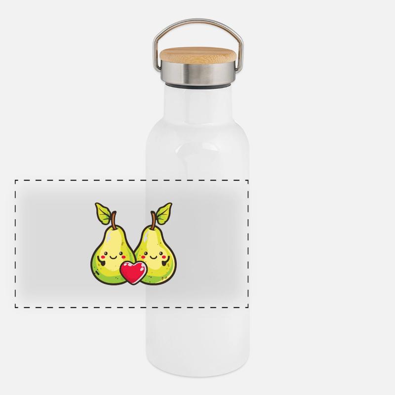 Birne Paar Liebe Herz Comic Panorama Thermosflasche mit Bambusdeckel
