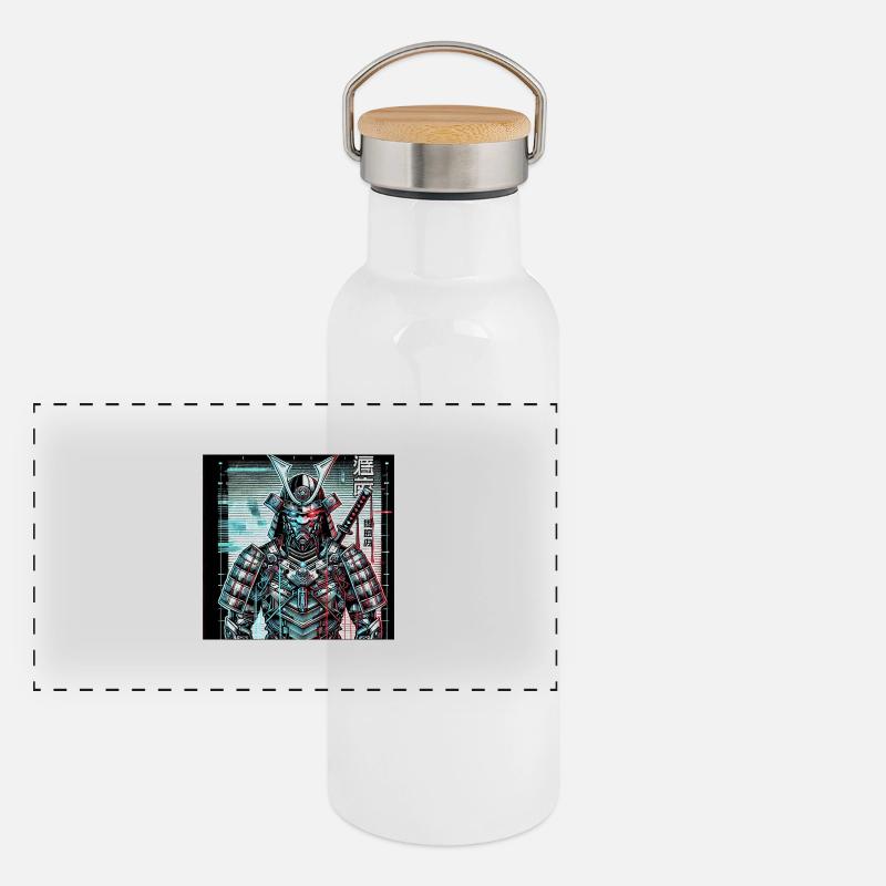 Cyberpunk Samurai – Neon Shadow Panorama Thermosflasche mit Bambusdeckel