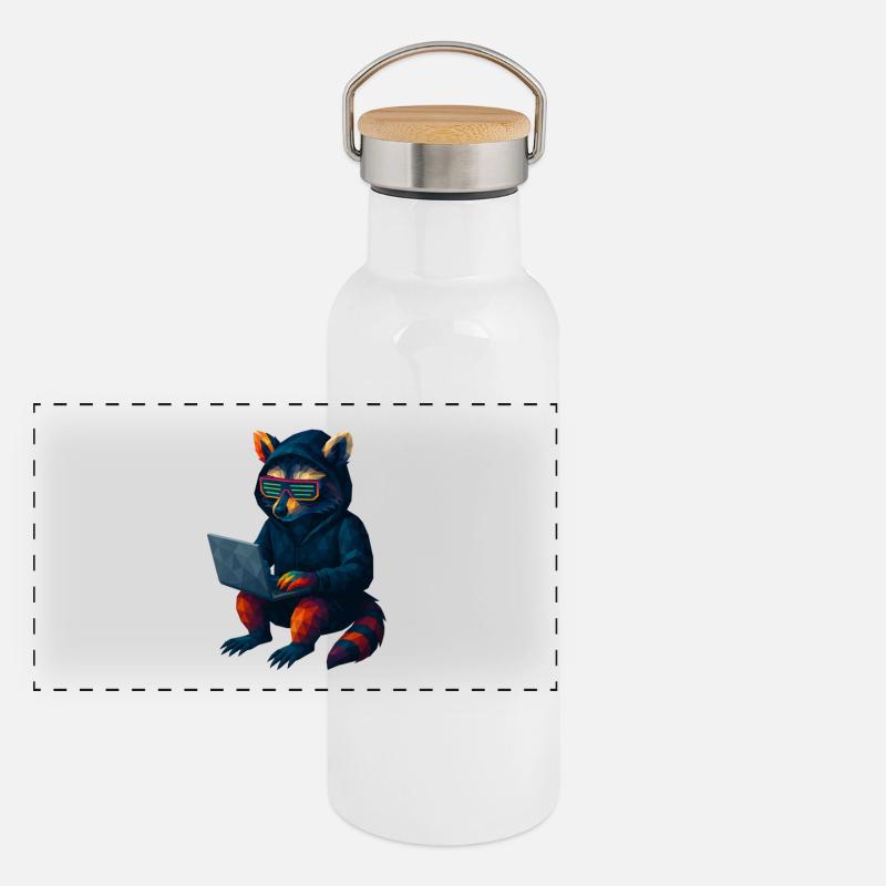 WPAP Stil Tiere - Techno Waschbär mit Hoody Panorama Thermosflasche mit Bambusdeckel