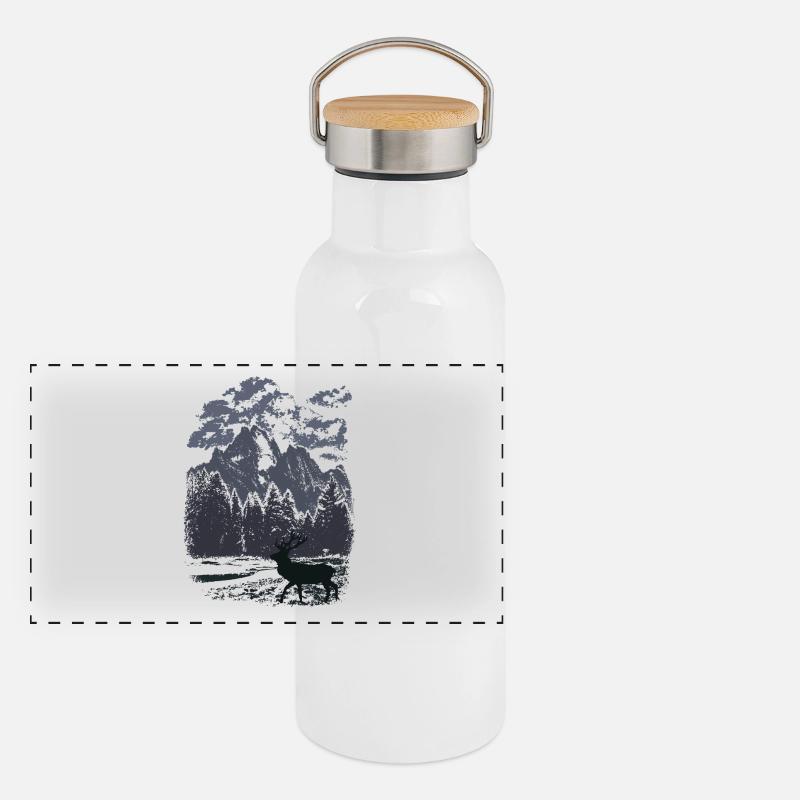 Bergwald und Rothirsch (Blau) Panorama Thermosflasche mit Bambusdeckel