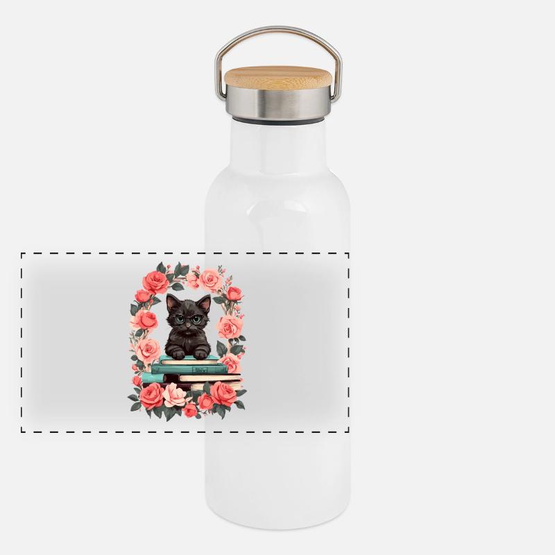 Schwarze Katze mit Lesebrille Panorama Thermosflasche mit Bambusdeckel