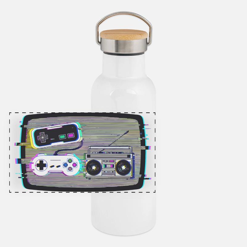 Glitchy Nostalgie Panorama Thermosflasche mit Bambusdeckel