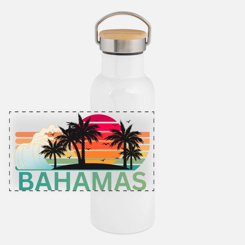 Bahamas Sunset Palm Silhouette Panoramic Thermal Bottle with Bamboo Lid