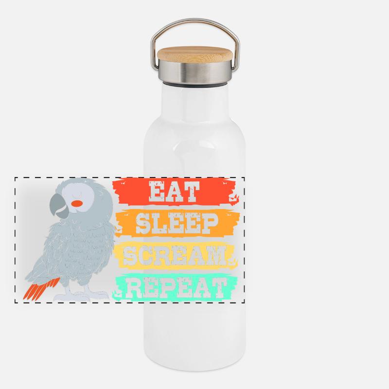 Papagei Grau Panorama Thermosflasche mit Bambusdeckel