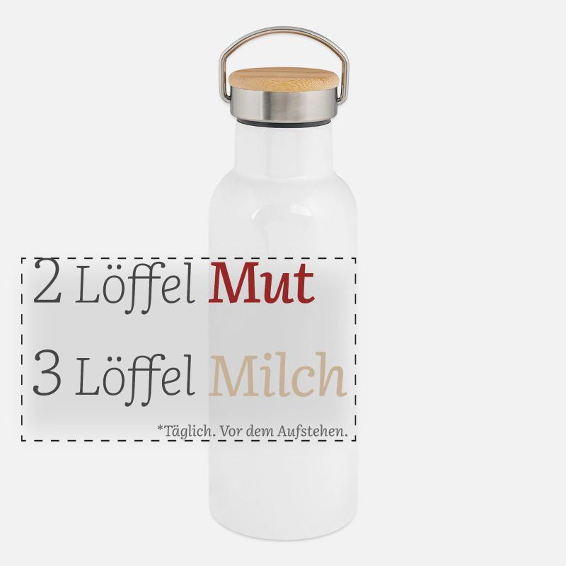 2 Löffel Mut 3 Löffel Milch – Mutmacherdesign - Panorama Thermosflasche mit Bambusdeckel - Weiß