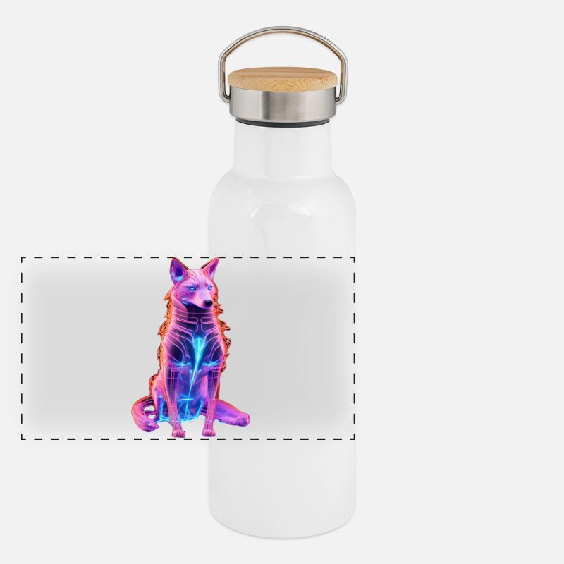 Neon Cyberwolf Kunstdesign Panorama Thermosflasche mit Bambusdeckel