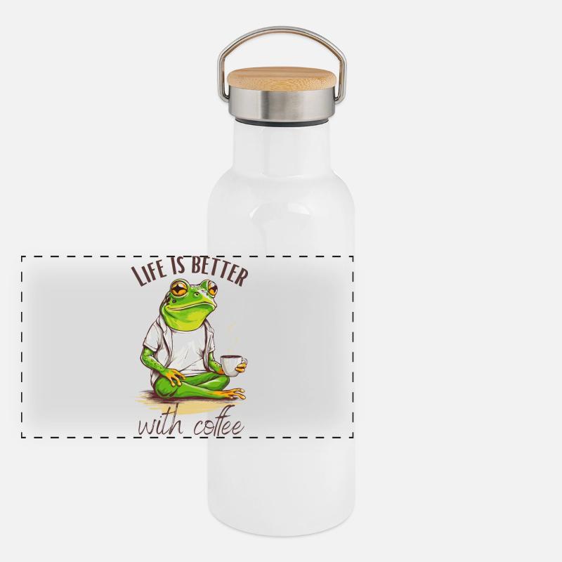 Coffee Love Relaxed Frog with Cup Panoramic Thermal Bottle with Bamboo Lid
