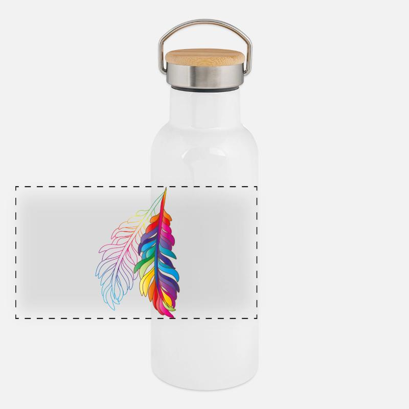 Regenbogenfedern – farbenfrohes Boho-Design Panorama Thermosflasche mit Bambusdeckel