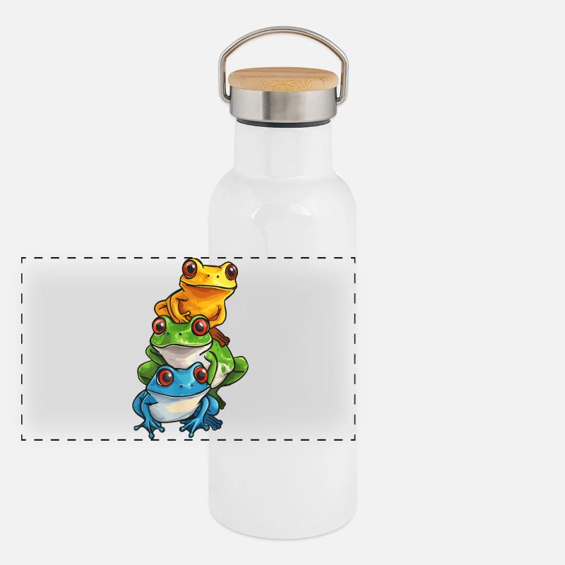 Gestapelte Frösche Cartoon-Design Panorama Thermosflasche mit Bambusdeckel