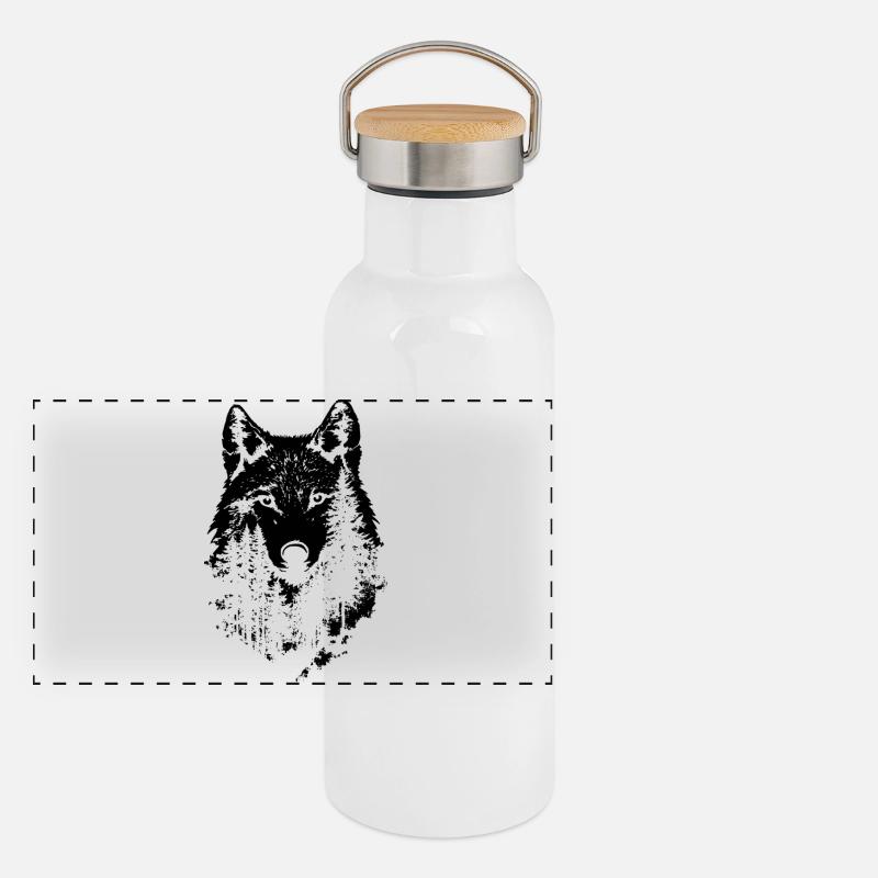 Wolf Gesicht Wald Silhouette Panorama Thermosflasche mit Bambusdeckel