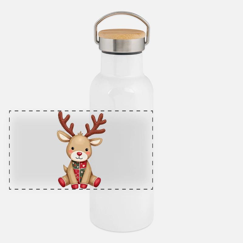 Patchwork Reindeer Winter Love Panoramic Thermal Bottle with Bamboo Lid