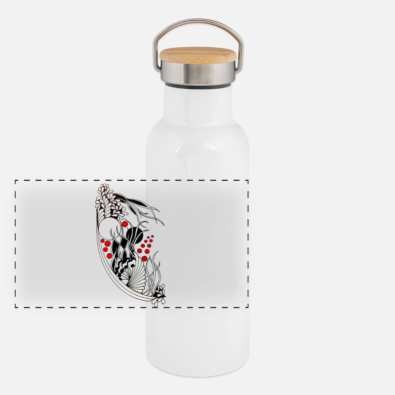 Black and White Leaves Wave Accents Panoramic Thermal Bottle with Bamboo Lid