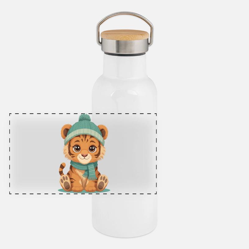 Wintertiger Jungtier Panorama Thermosflasche mit Bambusdeckel