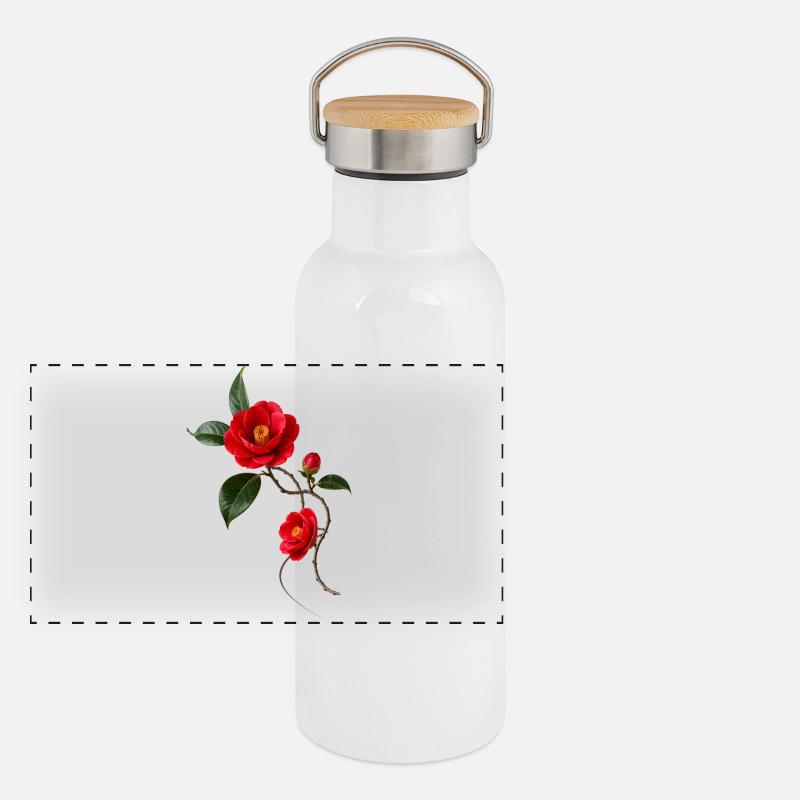 Camélia rouge dans un style zen élégant Gourde isotherme avec bouchon en bambou