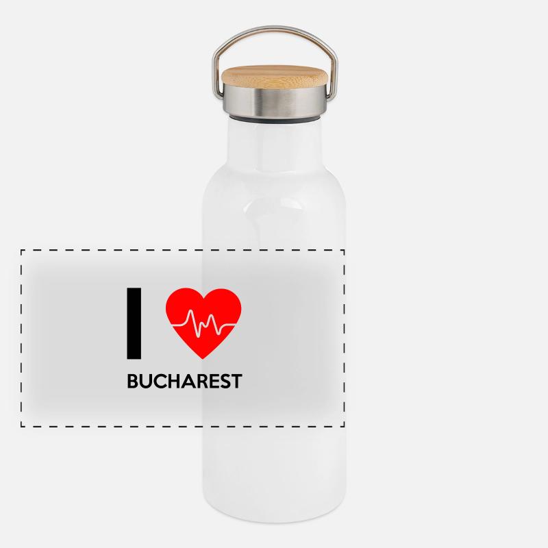 I Love Bucharest - Ich liebe Bucharest - Panorama Thermosflasche mit Bambusdeckel - Weiß