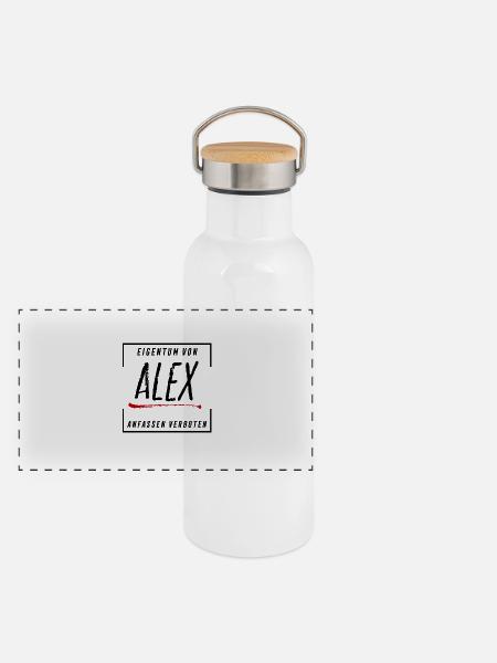 Eigentum von Alex - Panorama Thermosflasche mit Bambusdeckel - Weiß