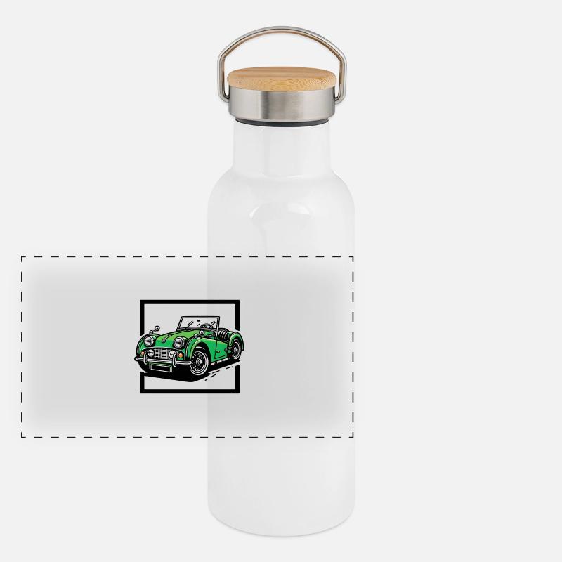 Grünes Oldtimer Panorama Thermosflasche mit Bambusdeckel