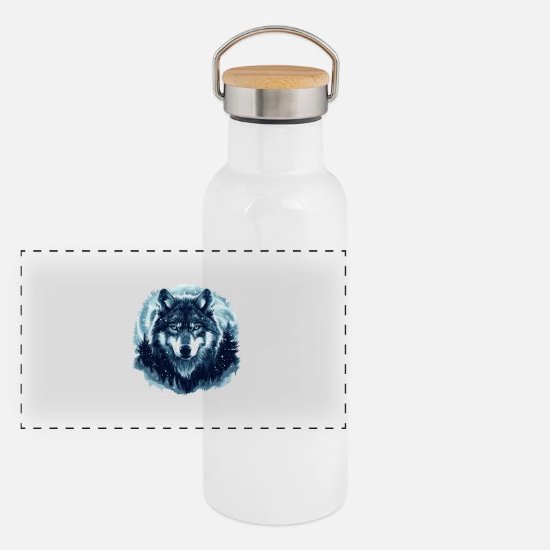 Wolf Winter Wald Panorama Thermosflasche mit Bambusdeckel