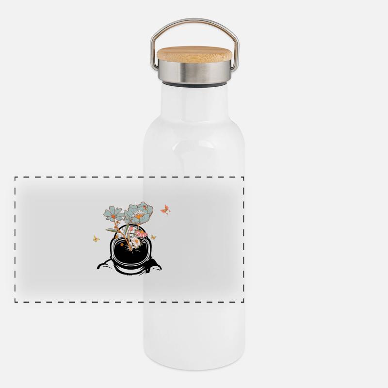 Astronaut mit Retro-Blumen - Geschenkidee Panorama Thermosflasche mit Bambusdeckel