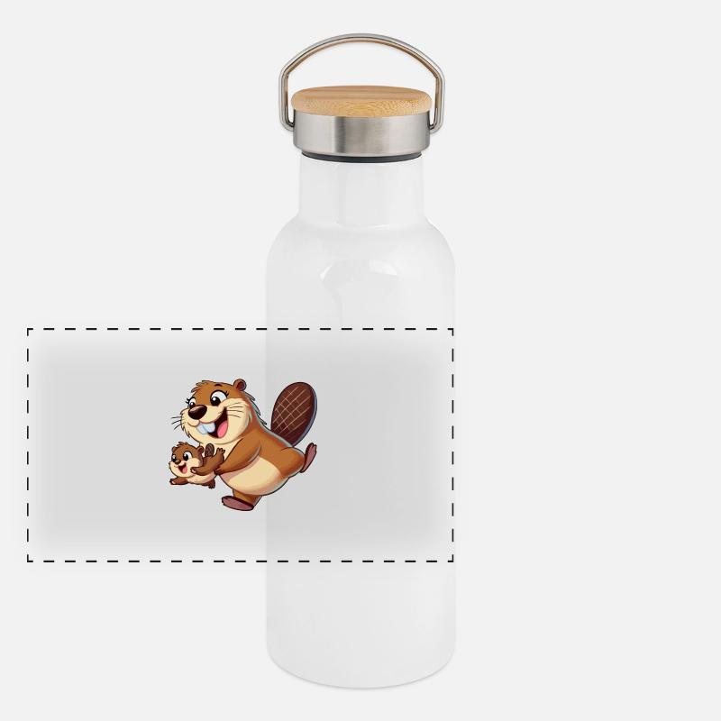 Mère castor avec enfant gambadant Gourde isotherme avec bouchon en bambou