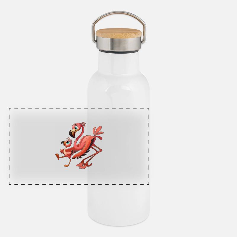Flamingo-Mutter mit herumtollendem Kind Panorama Thermosflasche mit Bambusdeckel